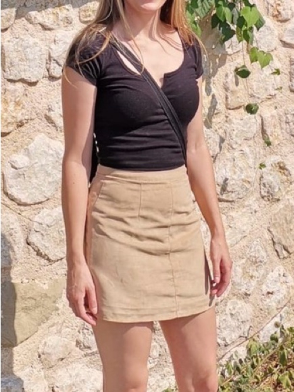 Classic Faux Suede Zip-Front Mini Skirt in Tan